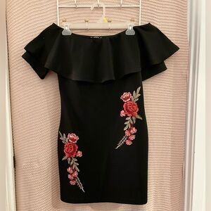 Embroidered Rose Applique Off Shoulder Ruffle Dress